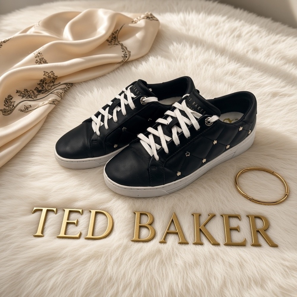 Ted Baker Libbin Black Quilted Leather Floral Stud Sneakers Womens Size 7 US